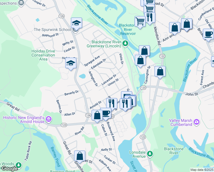 map of restaurants, bars, coffee shops, grocery stores, and more near 74 Union Street in Lincoln