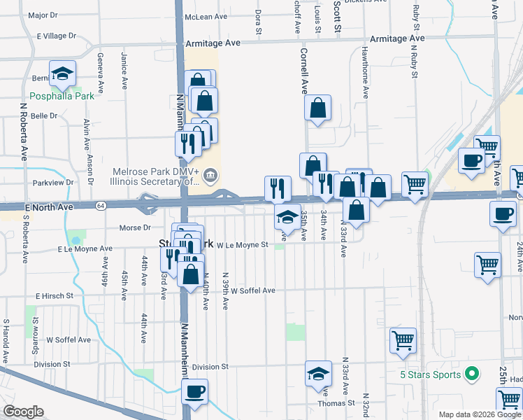 map of restaurants, bars, coffee shops, grocery stores, and more near 3700 West North Avenue in Stone Park