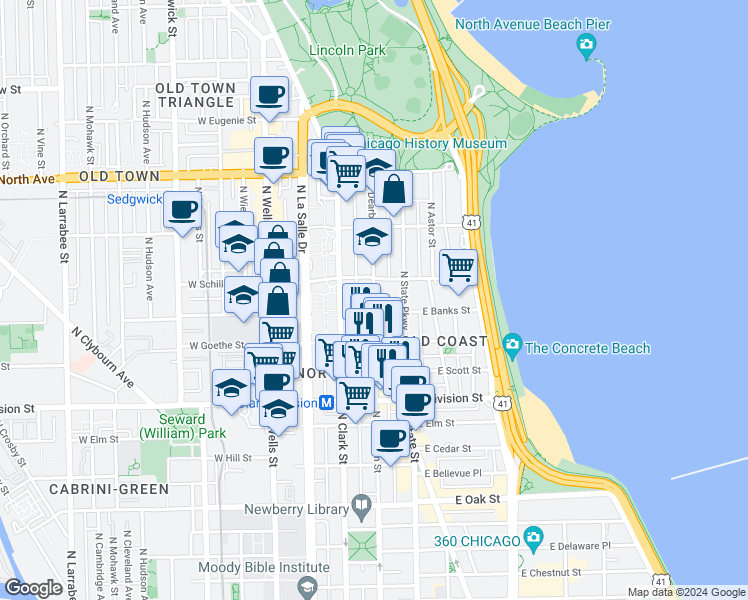 map of restaurants, bars, coffee shops, grocery stores, and more near 1337 North Dearborn Parkway in Chicago