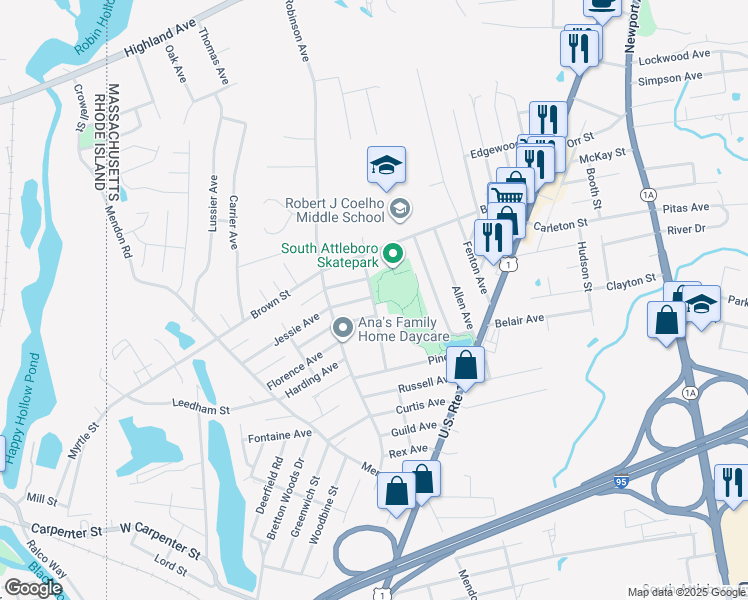 map of restaurants, bars, coffee shops, grocery stores, and more near 30 Gardner Avenue in Attleboro