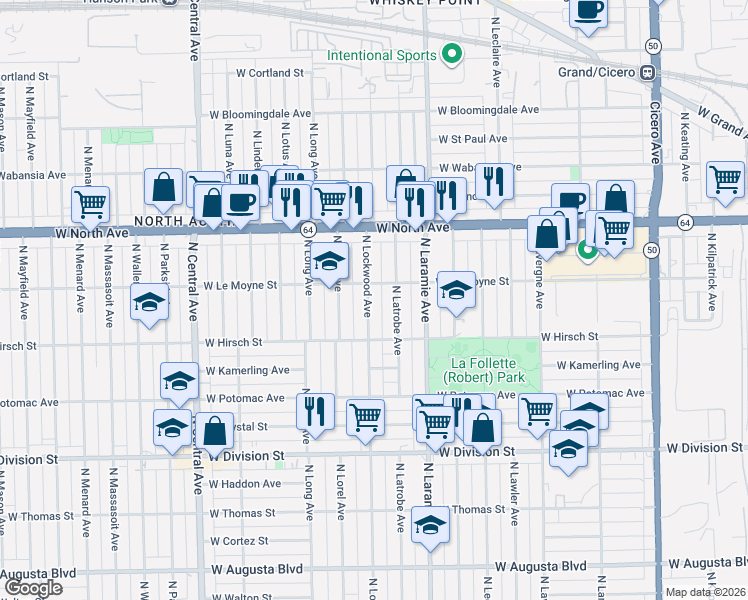map of restaurants, bars, coffee shops, grocery stores, and more near 1438 North Latrobe Avenue in Chicago