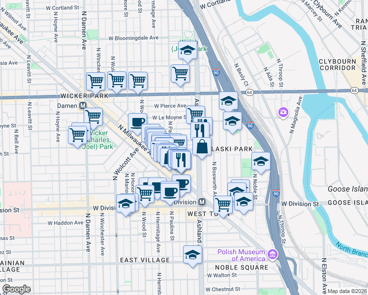 map of restaurants, bars, coffee shops, grocery stores, and more near 1632 West Blackhawk Street in Chicago