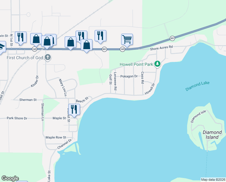 map of restaurants, bars, coffee shops, grocery stores, and more near 61288 Lenawee Road in Cassopolis