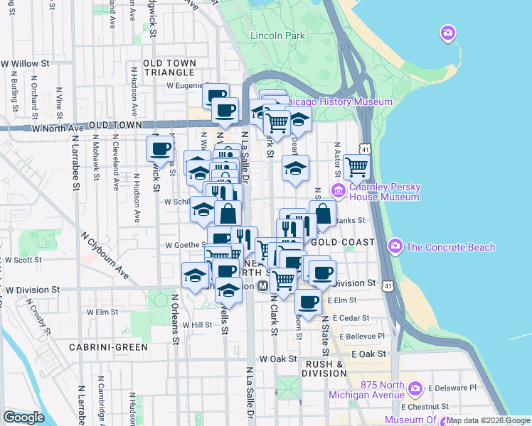 map of restaurants, bars, coffee shops, grocery stores, and more near 1328 North Clark Street in Chicago