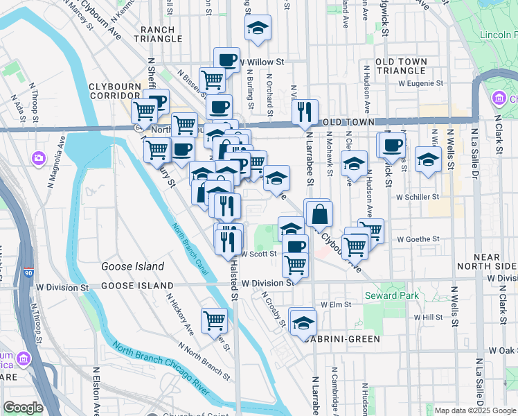 map of restaurants, bars, coffee shops, grocery stores, and more near 711 West Blackhawk Street in Chicago