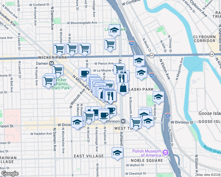 map of restaurants, bars, coffee shops, grocery stores, and more near 1634 West Blackhawk Street in Chicago