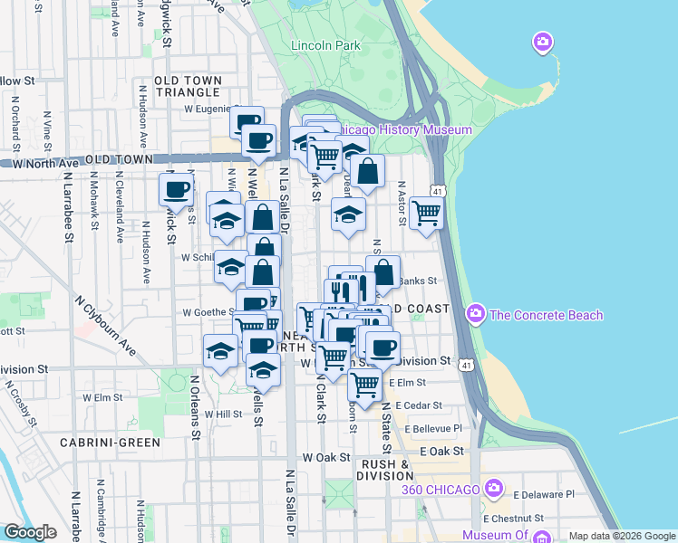 map of restaurants, bars, coffee shops, grocery stores, and more near 1337 North Dearborn Parkway in Chicago