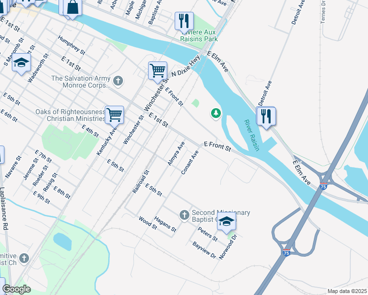 map of restaurants, bars, coffee shops, grocery stores, and more near 119 Almyra Avenue in Monroe