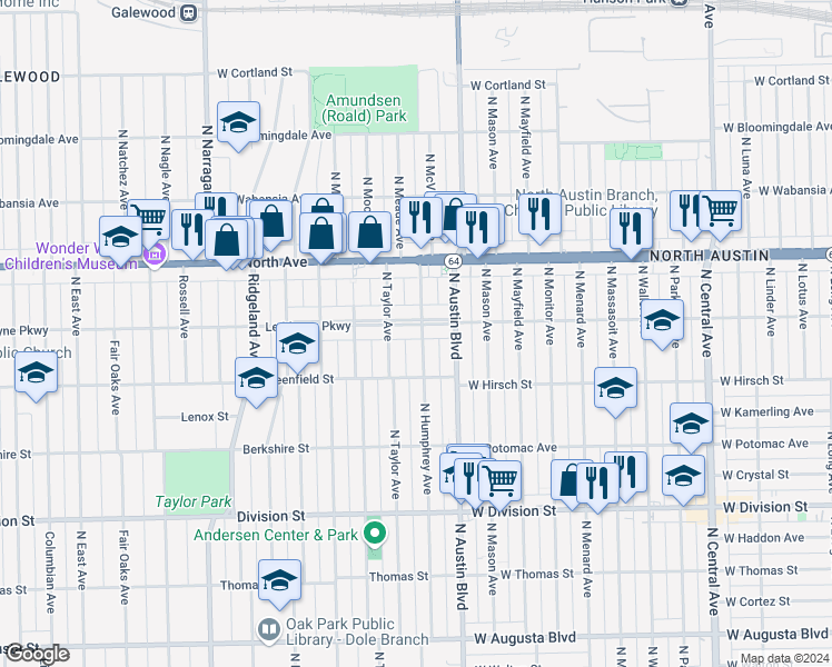 map of restaurants, bars, coffee shops, grocery stores, and more near 29 Le Moyne Parkway in Oak Park