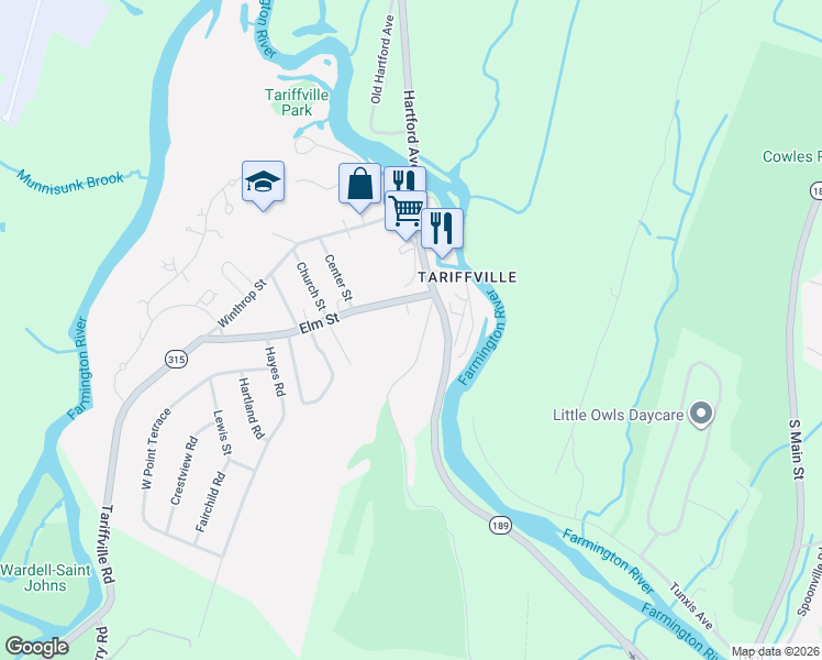 map of restaurants, bars, coffee shops, grocery stores, and more near 25 Mountain Road in Simsbury