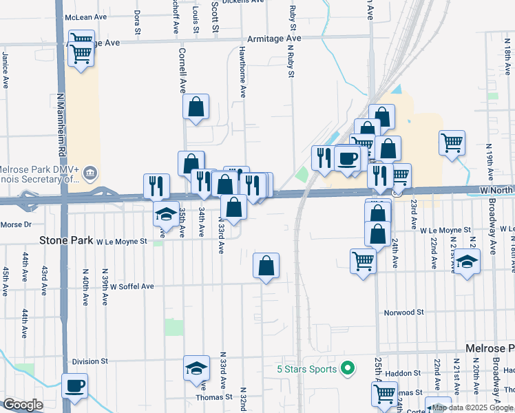 map of restaurants, bars, coffee shops, grocery stores, and more near 3116 West North Avenue in Stone Park