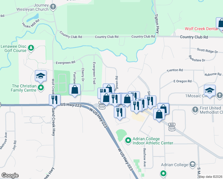 map of restaurants, bars, coffee shops, grocery stores, and more near 4230 Evergreen Road in Adrian