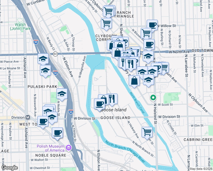 map of restaurants, bars, coffee shops, grocery stores, and more near West Blackhawk Street in Chicago