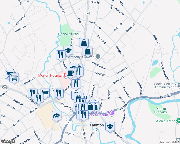 map of restaurants, bars, coffee shops, grocery stores, and more near 11 Grant Street in Taunton