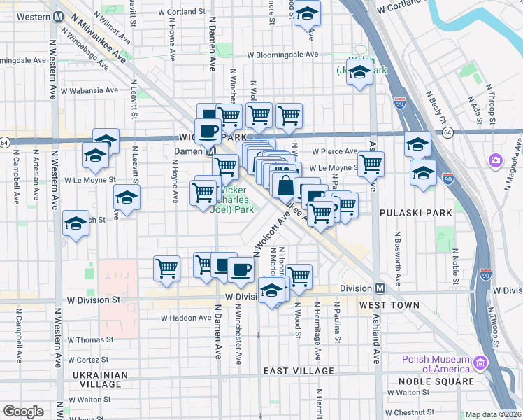 map of restaurants, bars, coffee shops, grocery stores, and more near West Evergreen Avenue & West Schiller Street in Chicago