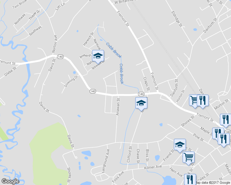 map of restaurants, bars, coffee shops, grocery stores, and more near 151 Tremont Street in Taunton