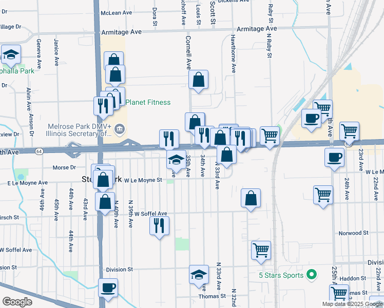 map of restaurants, bars, coffee shops, grocery stores, and more near 3416 West North Avenue in Stone Park