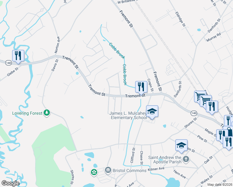 map of restaurants, bars, coffee shops, grocery stores, and more near 151 Tremont Street in Taunton