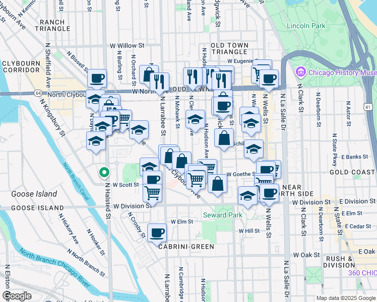 map of restaurants, bars, coffee shops, grocery stores, and more near 1350 North Cleveland Avenue in Chicago