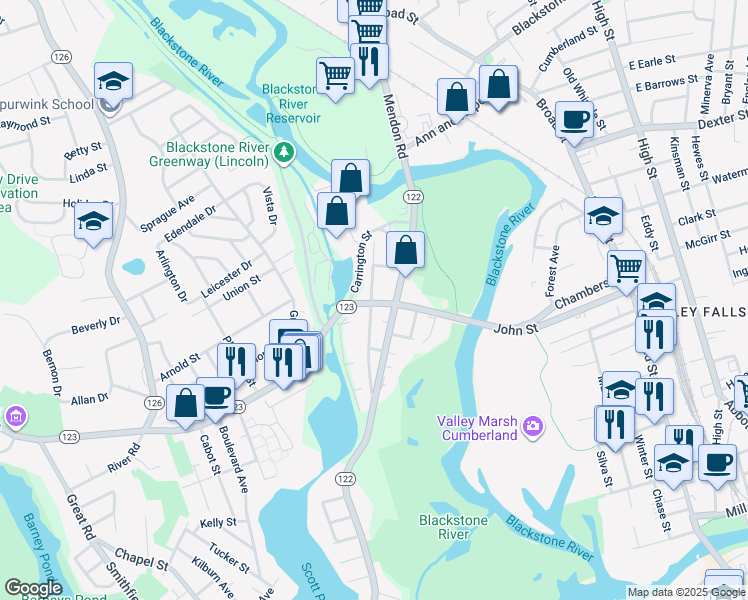map of restaurants, bars, coffee shops, grocery stores, and more near 109 Lonsdale Main Street in Lincoln
