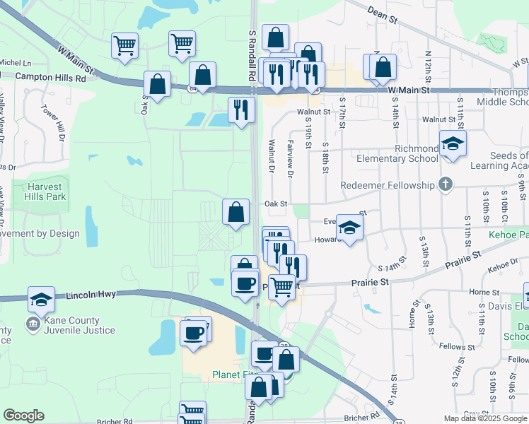 map of restaurants, bars, coffee shops, grocery stores, and more near 300 South Randall Road in St. Charles