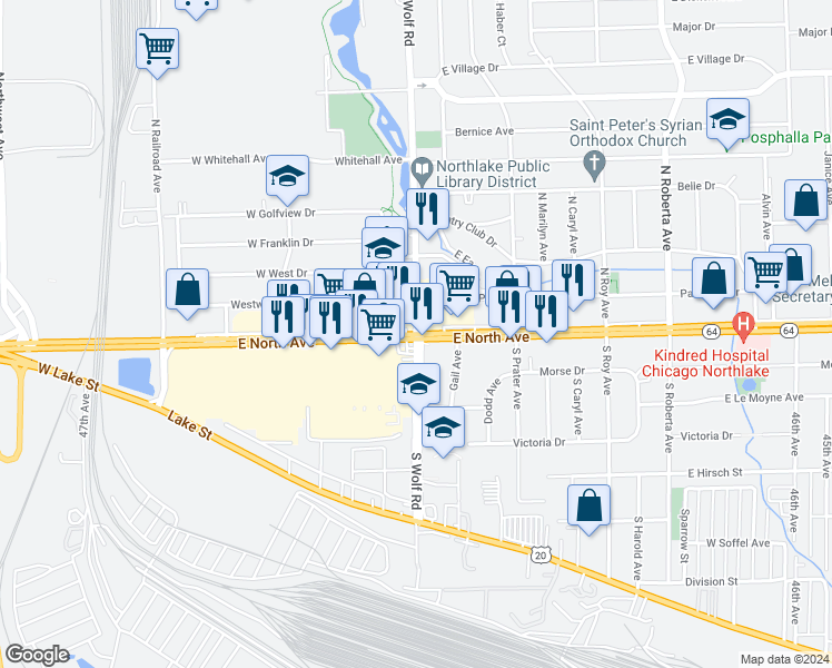 map of restaurants, bars, coffee shops, grocery stores, and more near 2 West North Avenue in Northlake