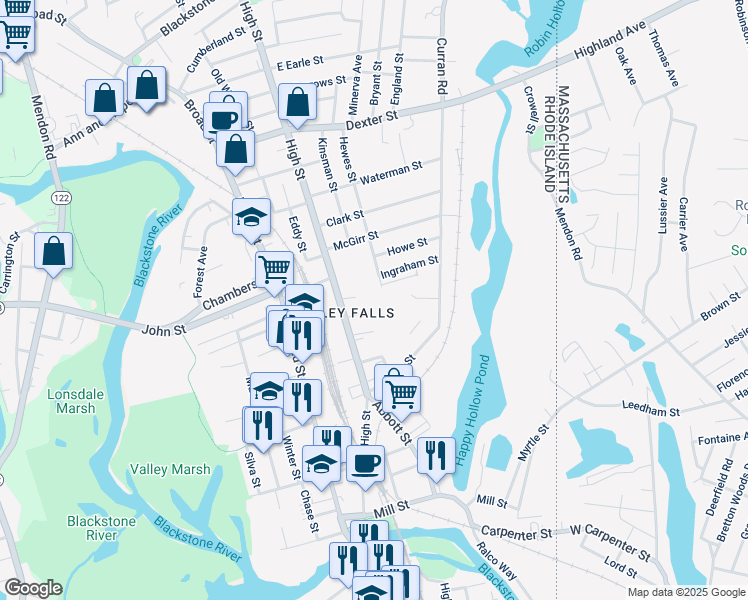 map of restaurants, bars, coffee shops, grocery stores, and more near 22 Sanford Avenue in Cumberland