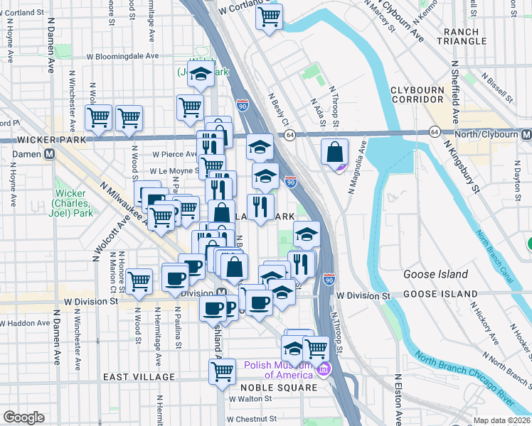 map of restaurants, bars, coffee shops, grocery stores, and more near 1441 West Blackhawk Street in Chicago