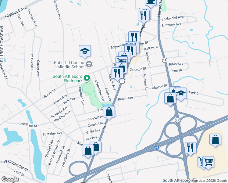 map of restaurants, bars, coffee shops, grocery stores, and more near 12 Fenton Avenue in Attleboro