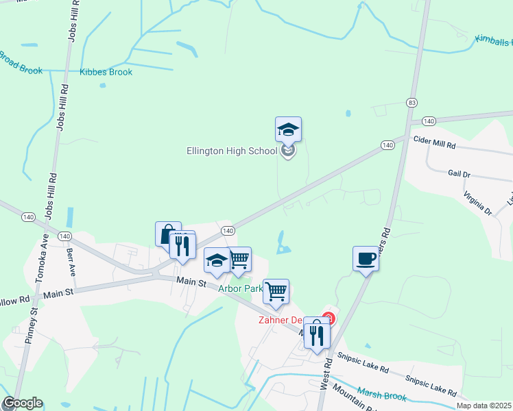 map of restaurants, bars, coffee shops, grocery stores, and more near 50 Maple Street in Ellington