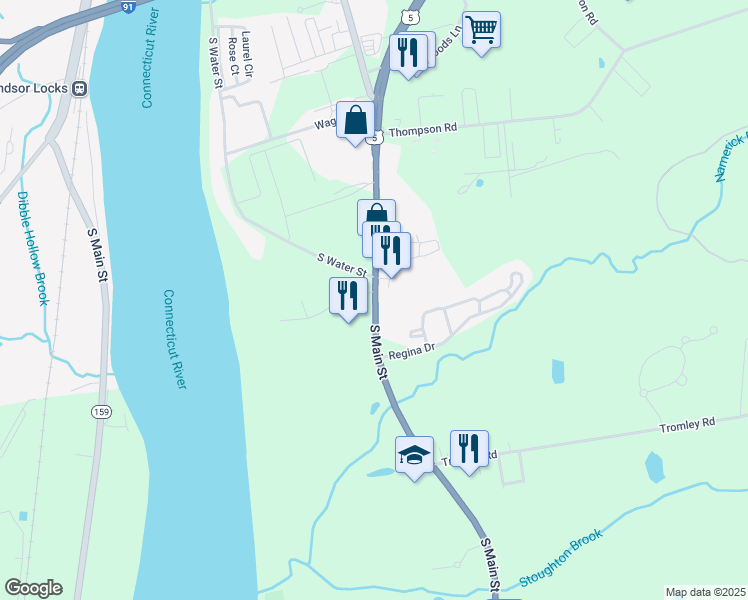 map of restaurants, bars, coffee shops, grocery stores, and more near 40 South Main Street in East Windsor