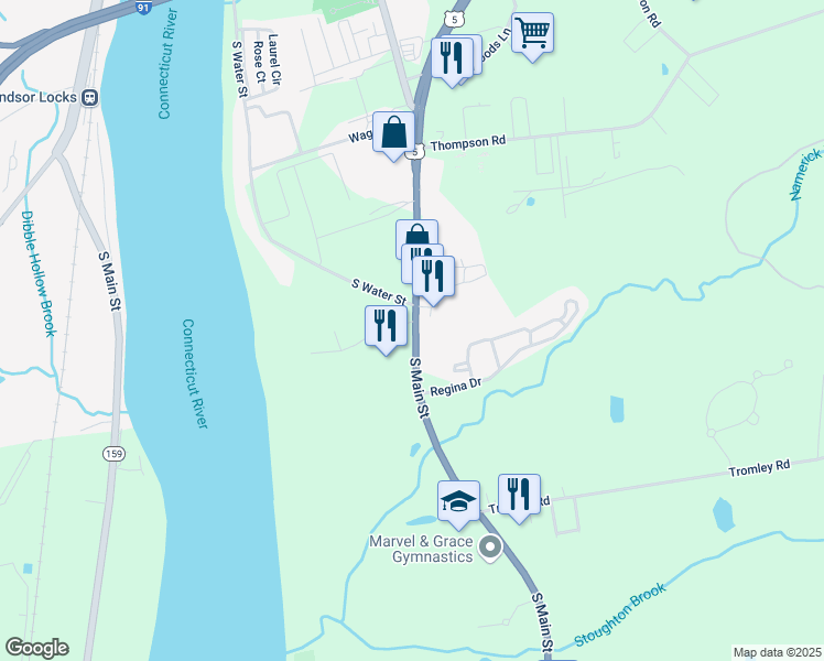 map of restaurants, bars, coffee shops, grocery stores, and more near 40 South Main Street in East Windsor