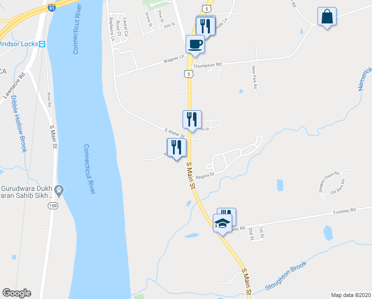 map of restaurants, bars, coffee shops, grocery stores, and more near 40 South Main Street in East Windsor