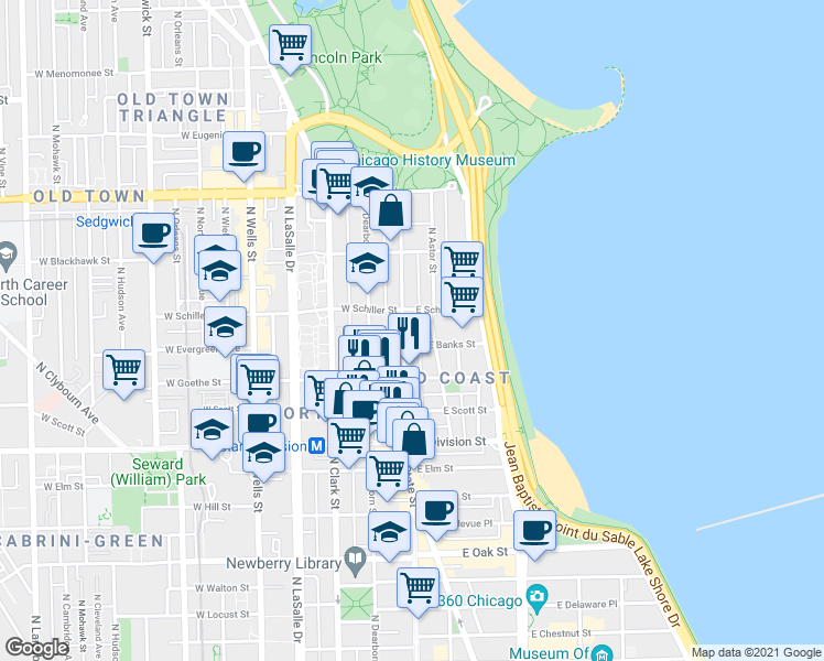 map of restaurants, bars, coffee shops, grocery stores, and more near in Chicago