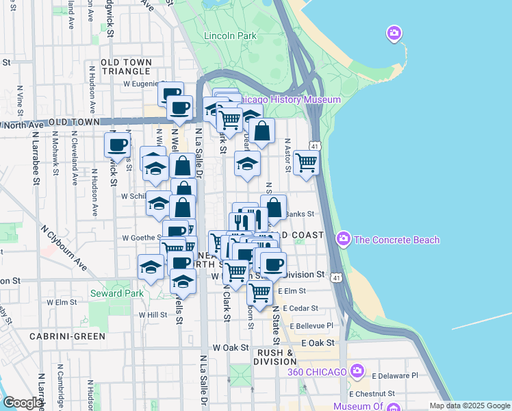 map of restaurants, bars, coffee shops, grocery stores, and more near 1337 North Dearborn Parkway in Chicago