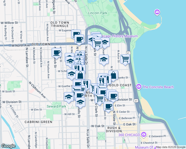 map of restaurants, bars, coffee shops, grocery stores, and more near 1336 North Clark Street in Chicago