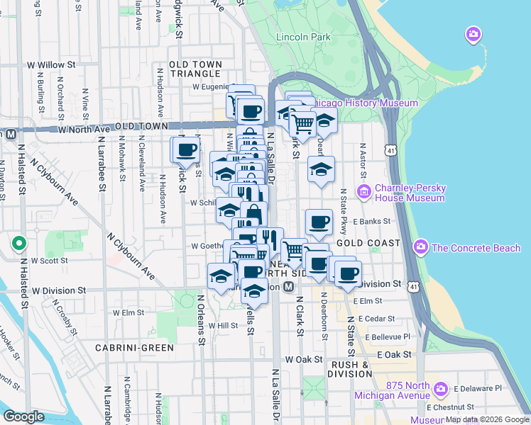 map of restaurants, bars, coffee shops, grocery stores, and more near 1330 North LaSalle Street in Chicago