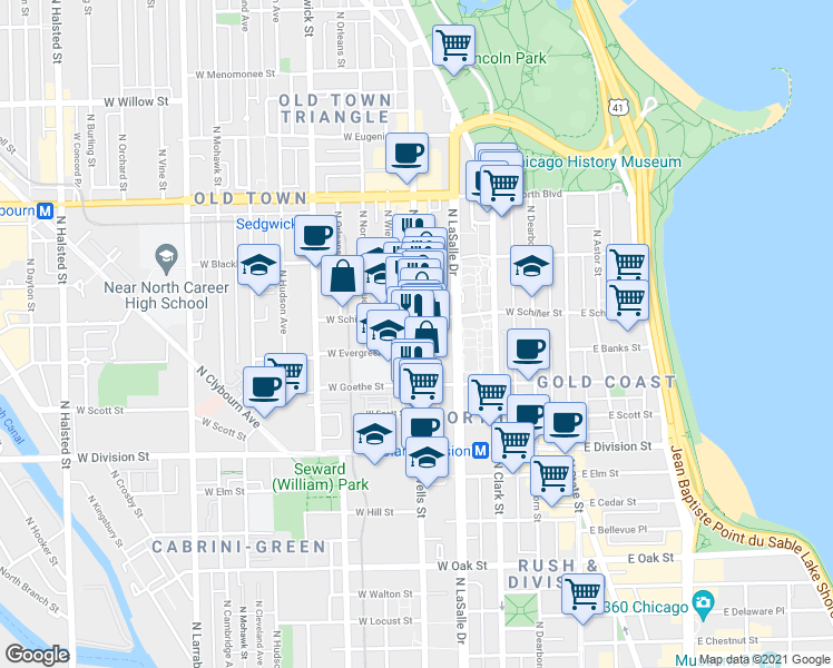 map of restaurants, bars, coffee shops, grocery stores, and more near 1343 North Wells Street in Chicago
