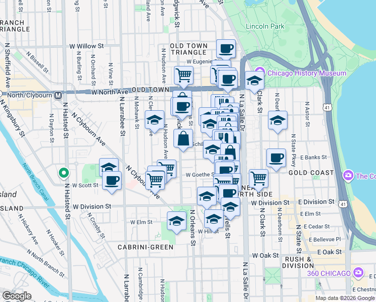 map of restaurants, bars, coffee shops, grocery stores, and more near 324 West Evergreen Avenue in Chicago