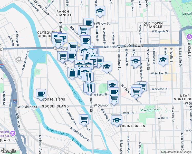 map of restaurants, bars, coffee shops, grocery stores, and more near in Chicago