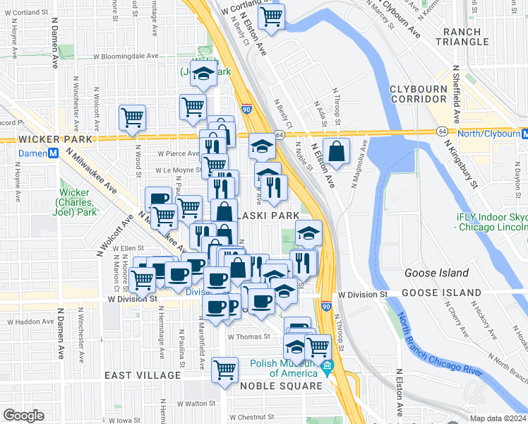 map of restaurants, bars, coffee shops, grocery stores, and more near in Chicago