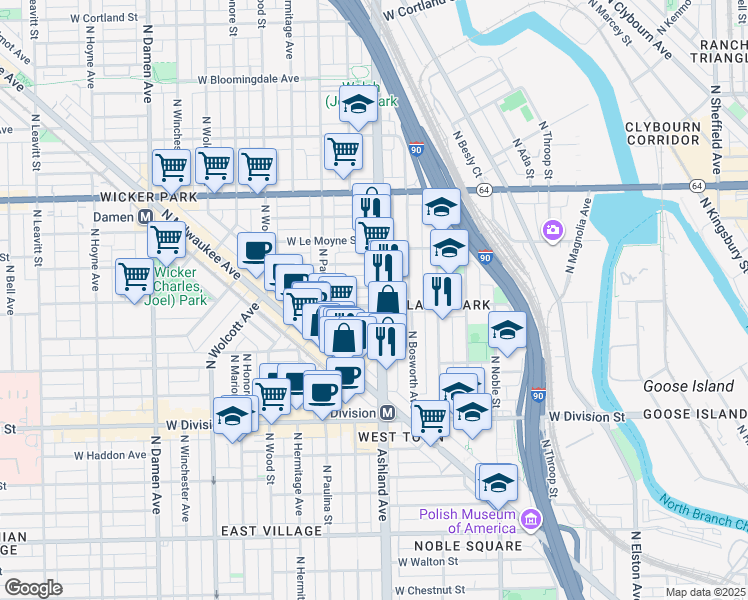 map of restaurants, bars, coffee shops, grocery stores, and more near in Chicago