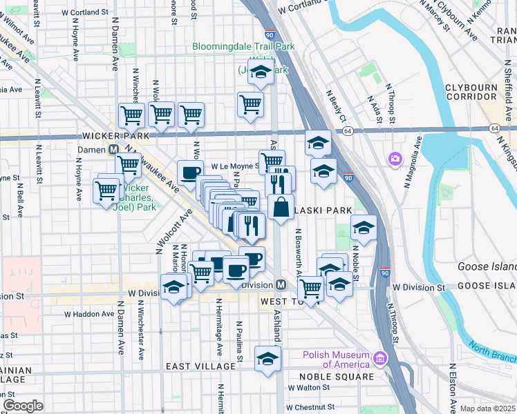 map of restaurants, bars, coffee shops, grocery stores, and more near 1634 West Blackhawk Street in Chicago