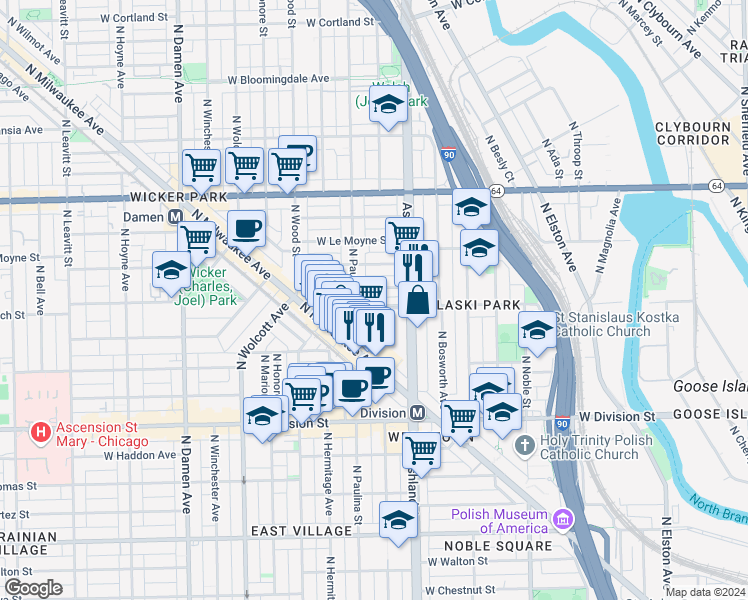 map of restaurants, bars, coffee shops, grocery stores, and more near 1634 West Blackhawk Street in Chicago