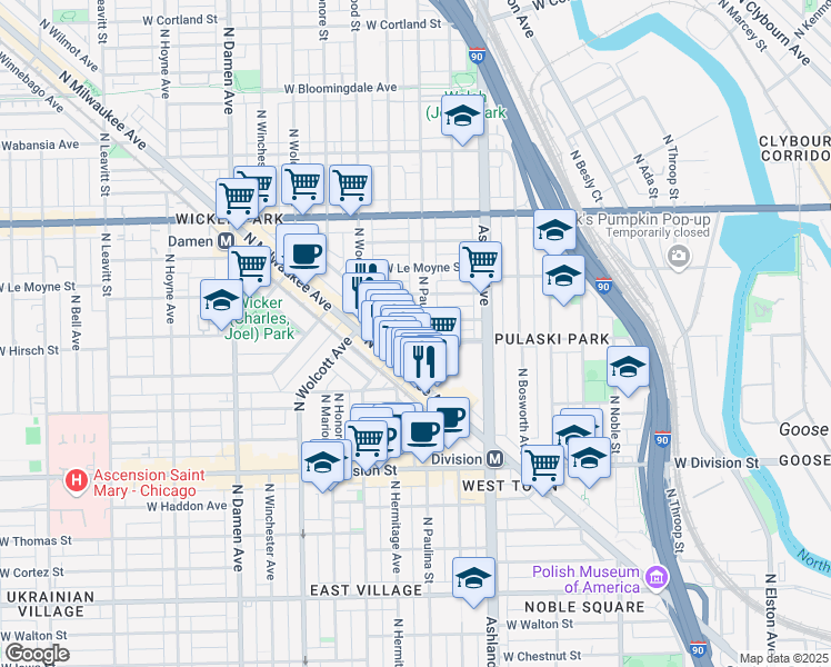 map of restaurants, bars, coffee shops, grocery stores, and more near 1353 North Dean Street in Chicago