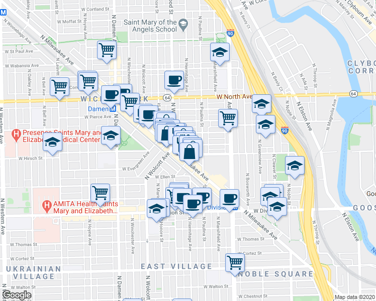 map of restaurants, bars, coffee shops, grocery stores, and more near 1383 North Milwaukee Avenue in Chicago