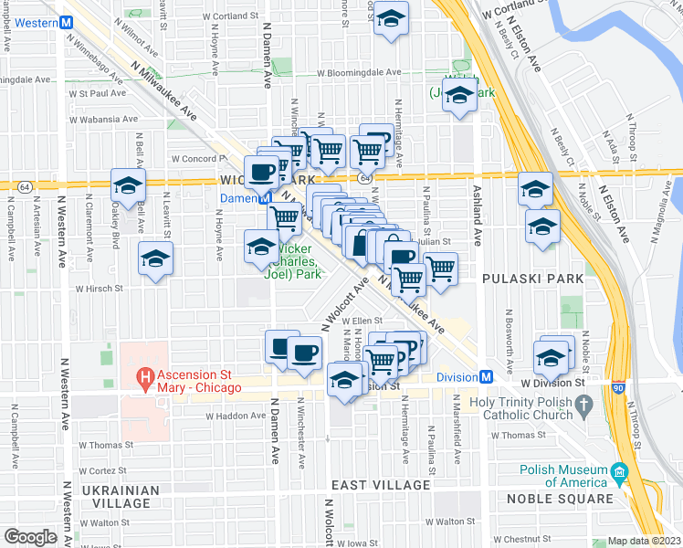 map of restaurants, bars, coffee shops, grocery stores, and more near 1376 North Wolcott Avenue in Chicago