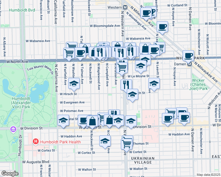 map of restaurants, bars, coffee shops, grocery stores, and more near 1408 North Artesian Avenue in Chicago