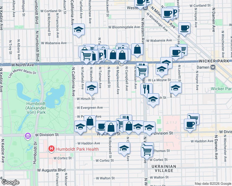 map of restaurants, bars, coffee shops, grocery stores, and more near in Chicago