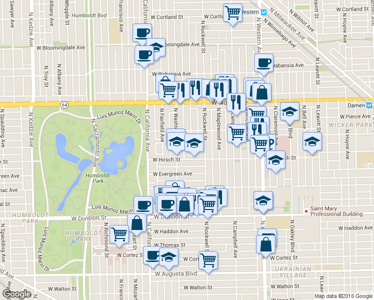 map of restaurants, bars, coffee shops, grocery stores, and more near 2620 West Hirsch Street in Chicago